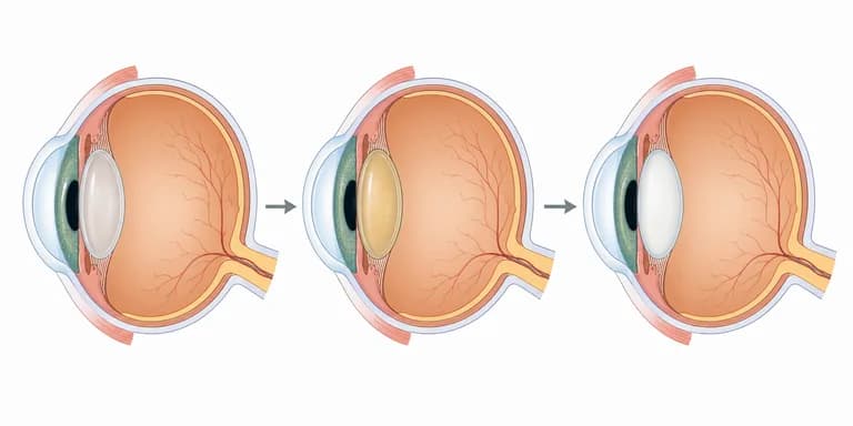 백내장 진행 단면도 — 맑은 수정체에서 노랗게, 흰색으로 혼탁해지는 3단계