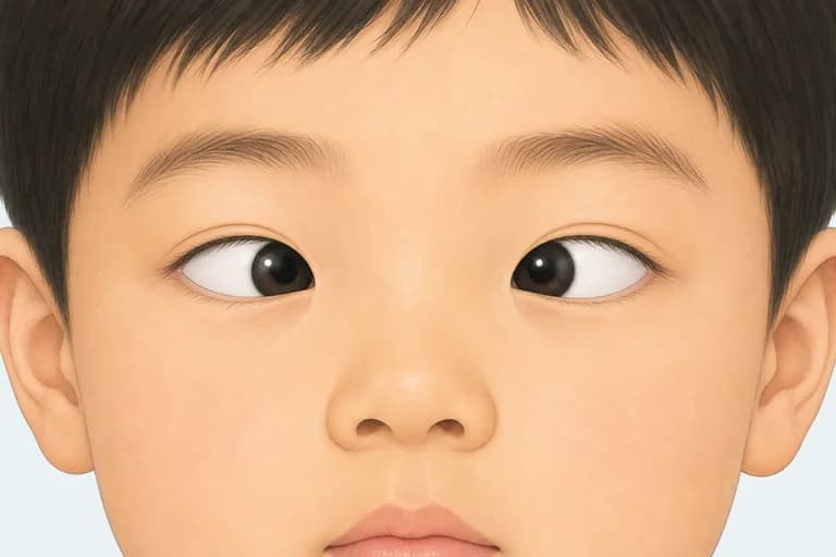 안경 없이 가까이 볼 때: 양쪽 눈이 코 쪽으로 몰린 조절내사시